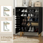 Meuble à chaussures 2 portes, étagères réglables, 72 x 31,5 x 95 cm noir laqué