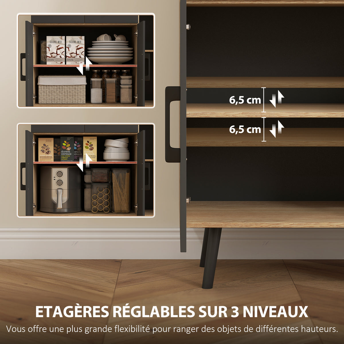 Buffet cuisine haut avec lumière LED, 6 portes 2 tiroirs 100x40x176cm noir