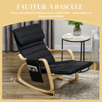 Fauteuil à bascule avec repose-pieds réglable, poche latérale, noir