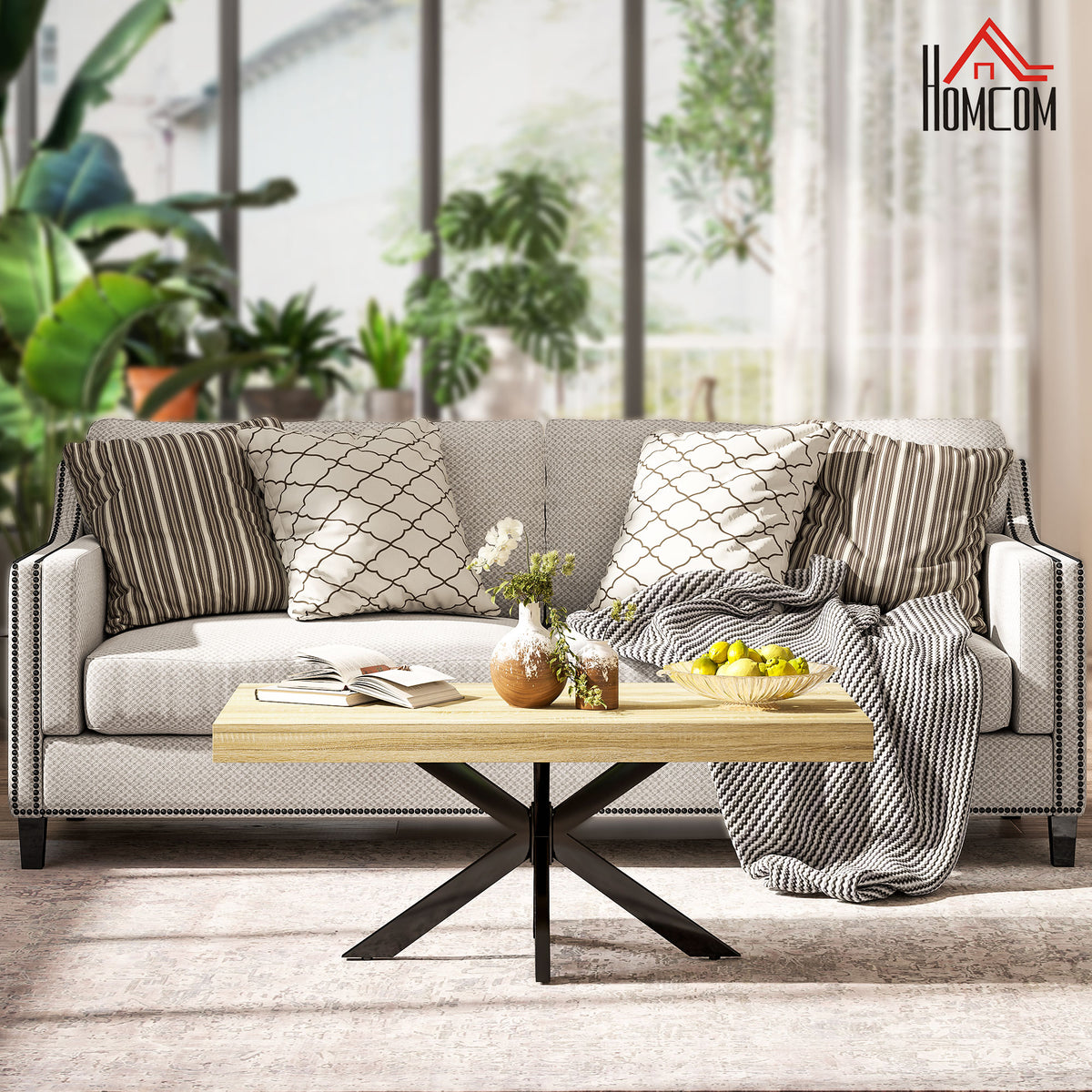 Table Basse rectangulaire en métal Noir et Plateau aspect Bois - dim. 110 x 60 x 45cm