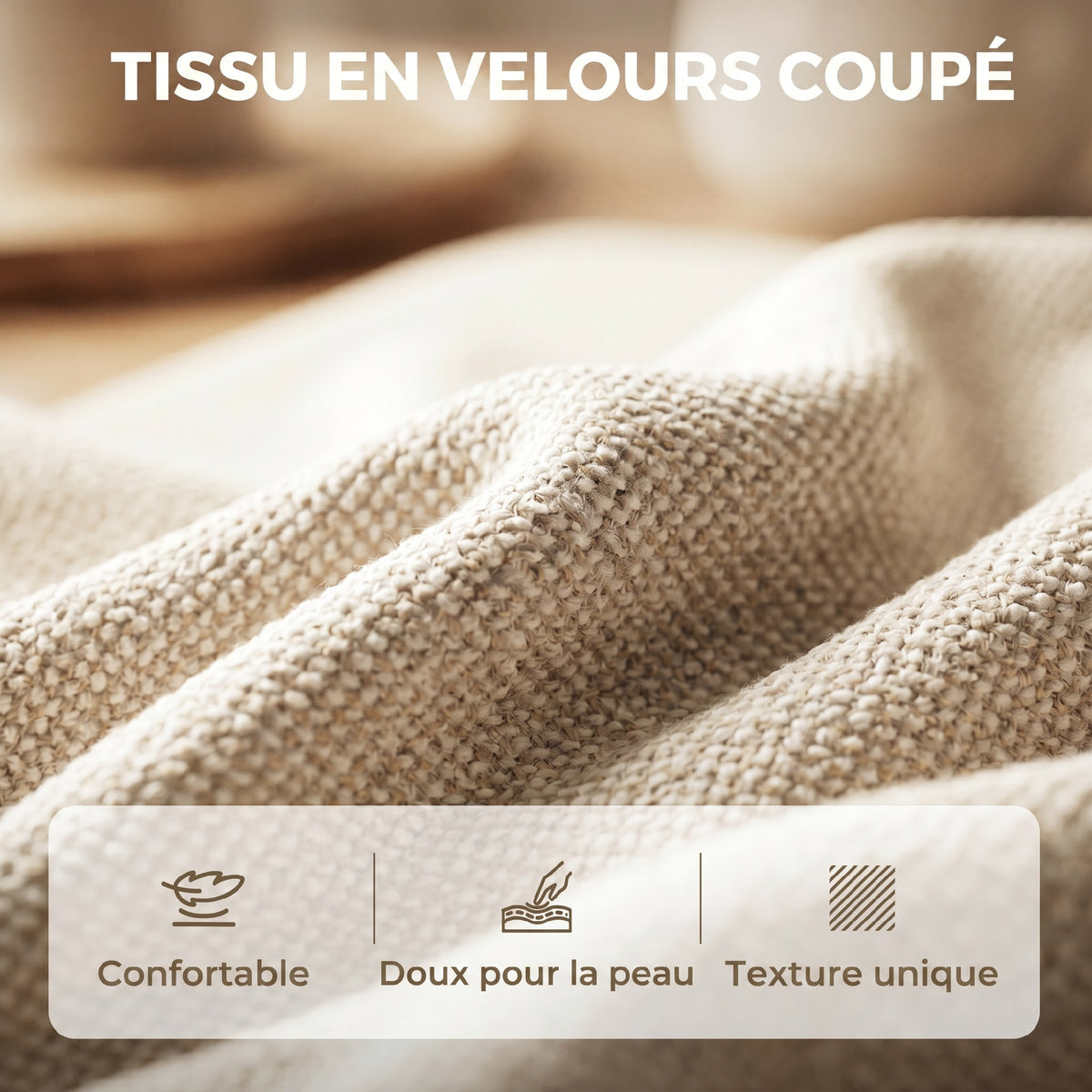 Canapé 2 places en velours, 160 cm, coussin épais à ressorts, beige