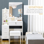 coiffeuse avec tabouret, grand miroir, étagères ouvertes, 4 tiroirs blanc