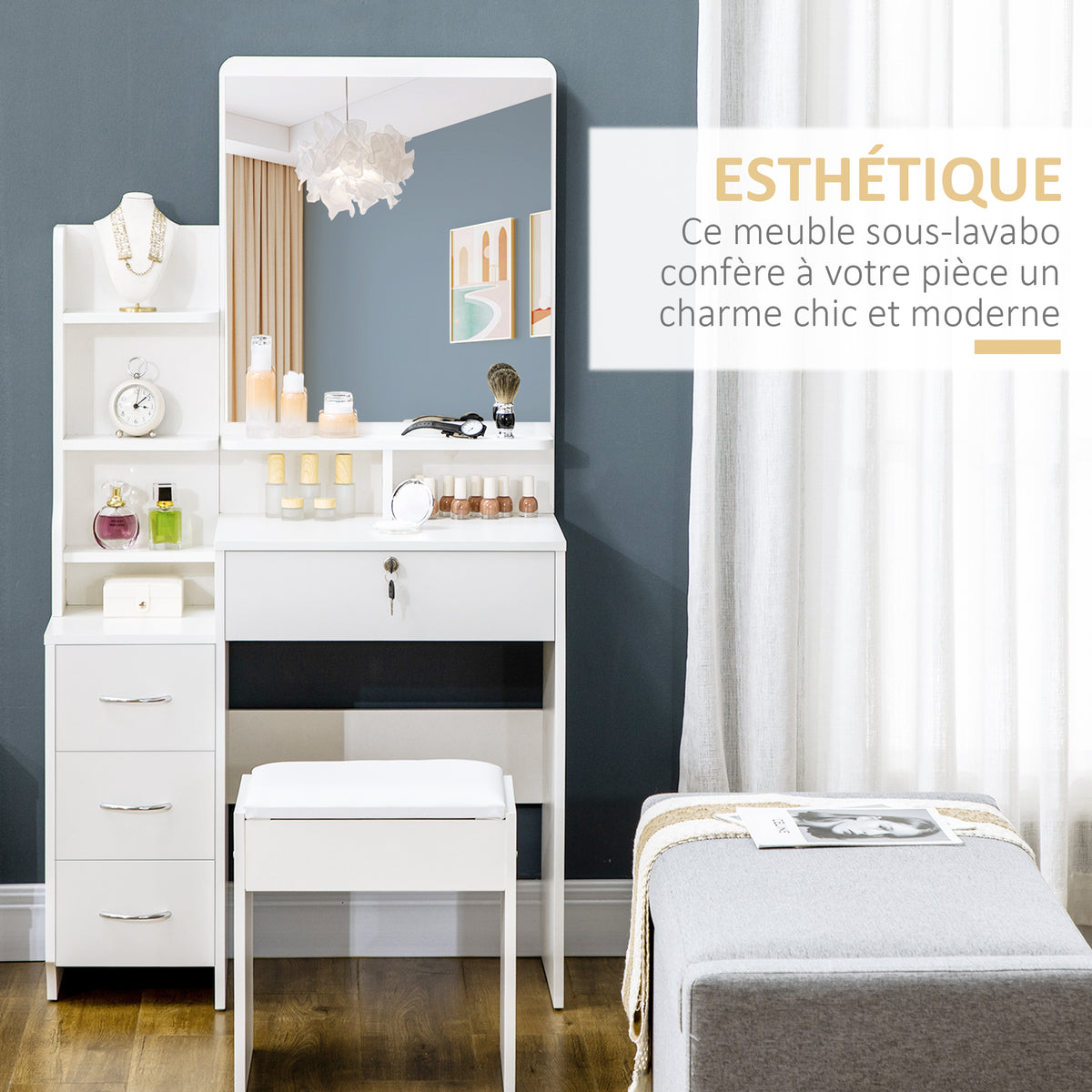 coiffeuse avec tabouret, grand miroir, étagères ouvertes, 4 tiroirs blanc