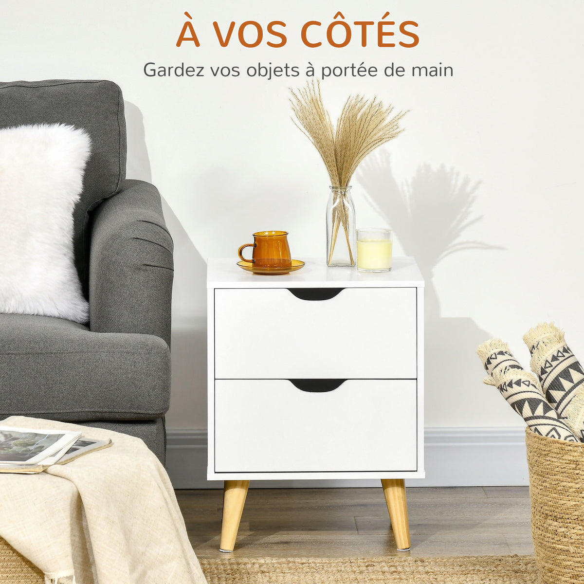 Table de chevet avec 2 tiroirs, style scandinave, 40 x 35 x 50,5 cm, blanc