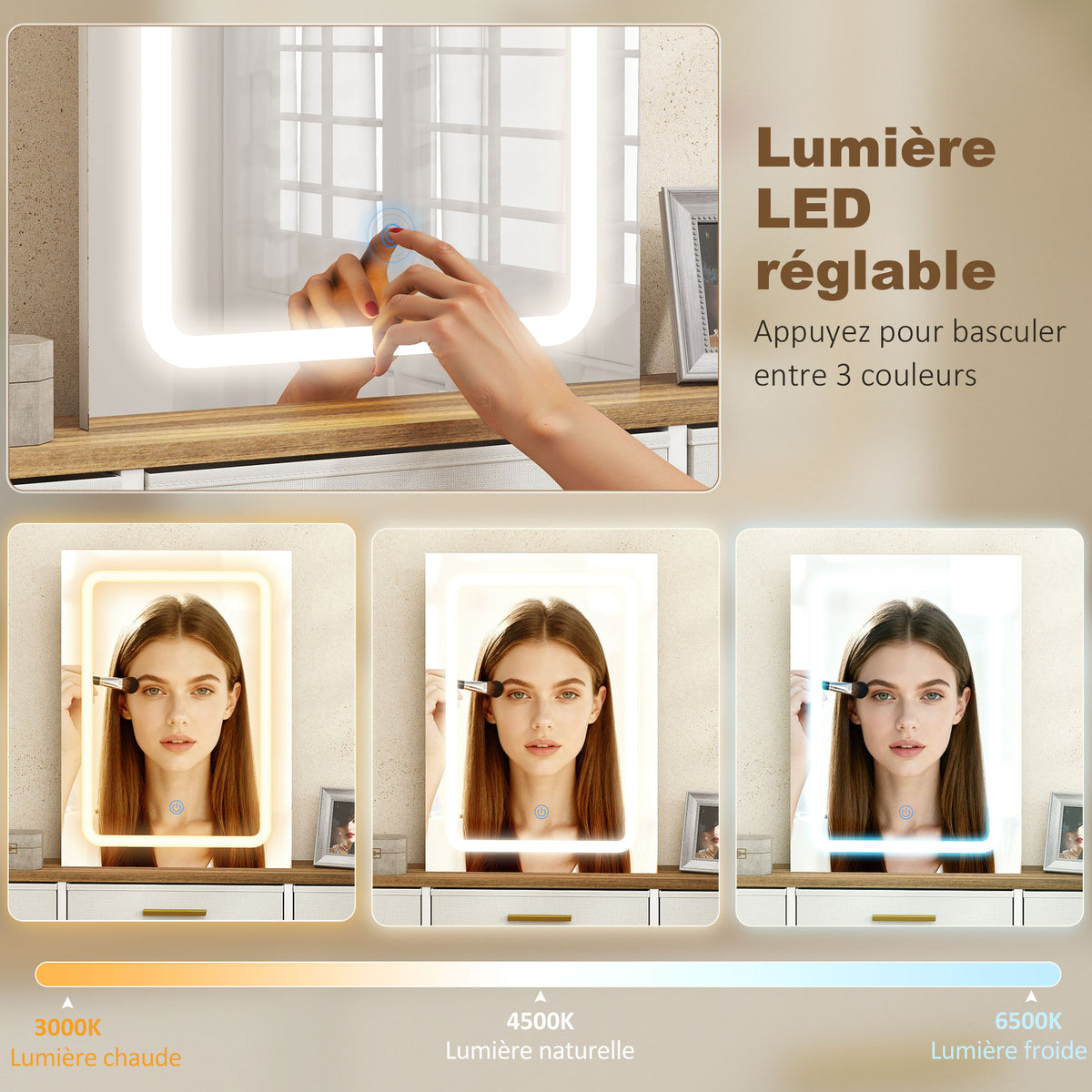 Coiffeuse avec miroir et lumières LED 118,5 x 39,5 x 140 cm