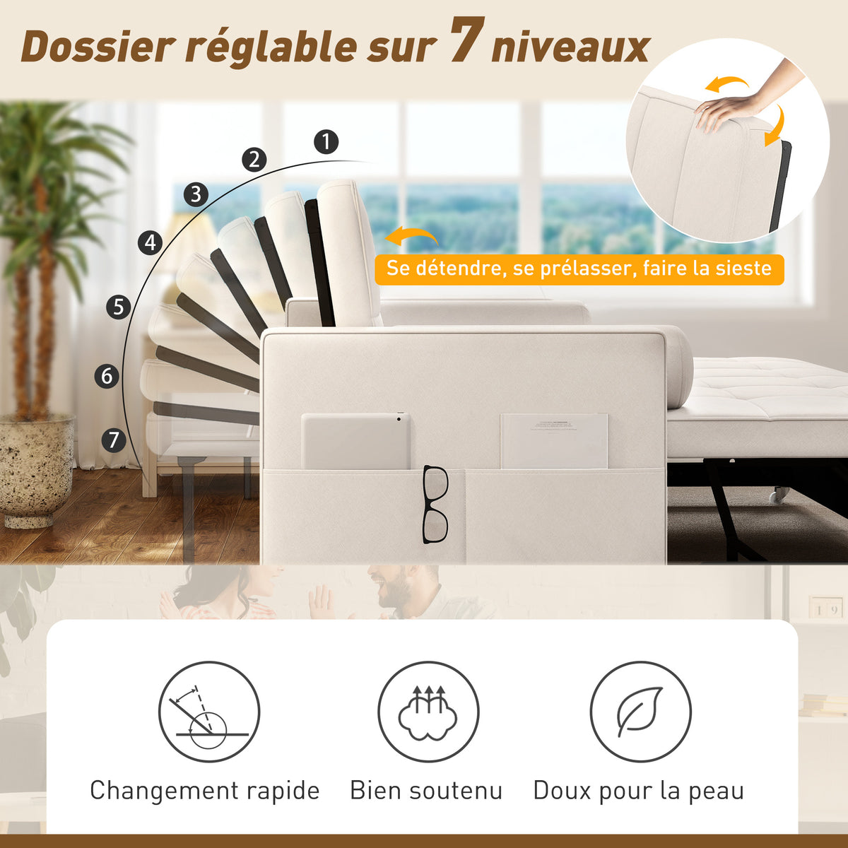 Canapé convertible 2 places, canapé-lit, 2 coussins 80,5x137,5x84cm beige