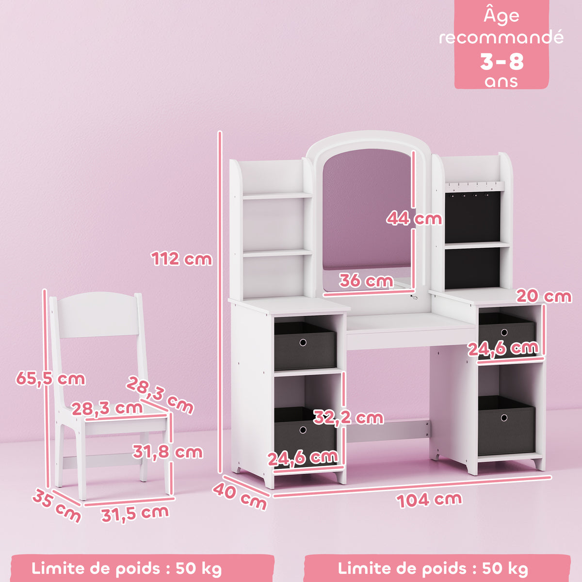 Coiffeuse pour enfants avec tabouret, miroir LED, table de maquillage 104 x 40 x 112 cm, blanc