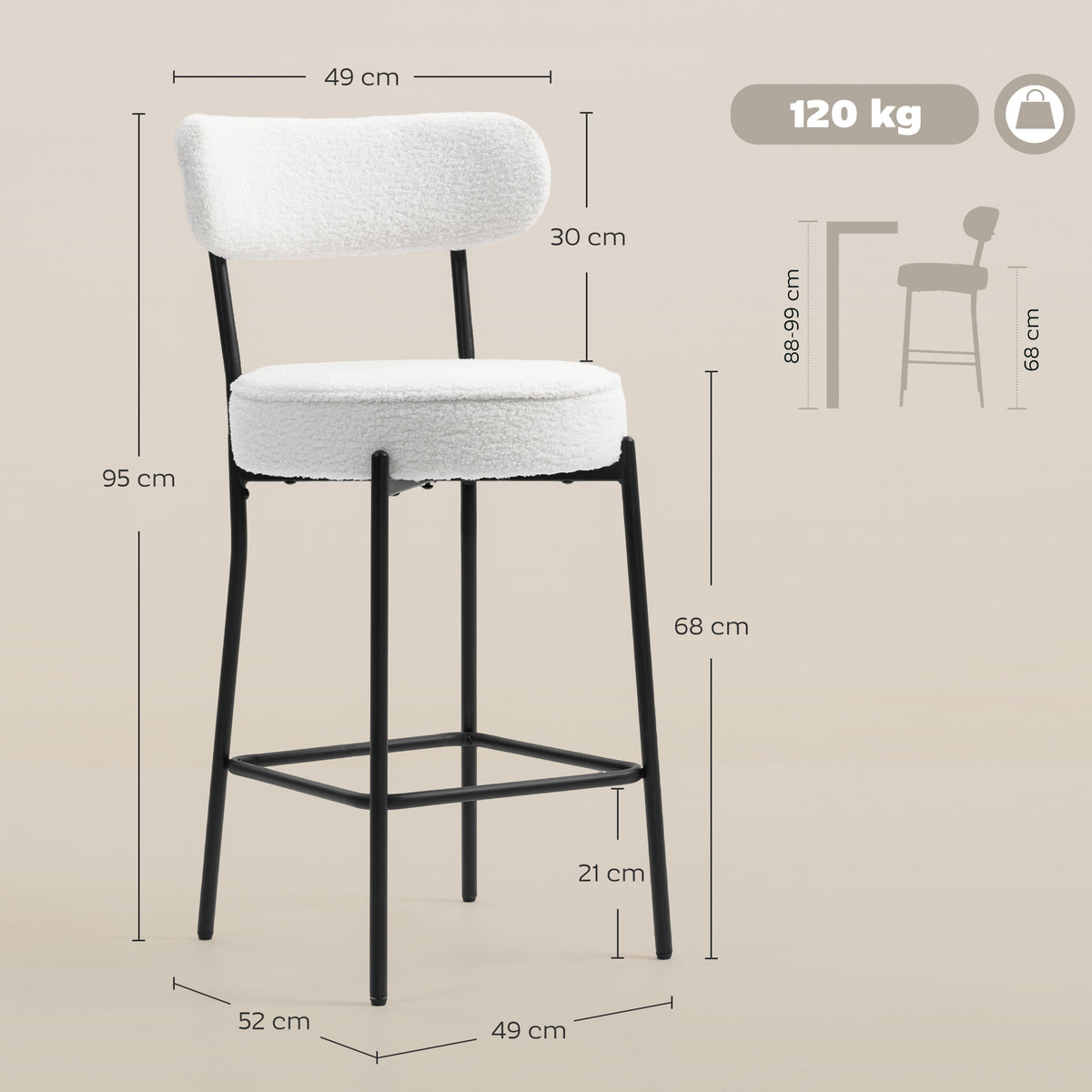 Lot de 2 tabourets de bar, dossier courbé, repose-pieds, 49x52x95cm, crème