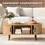 Table basse ovale en bois, portes coulissantes et rangement caché, 100x55x40cm, bois naturel