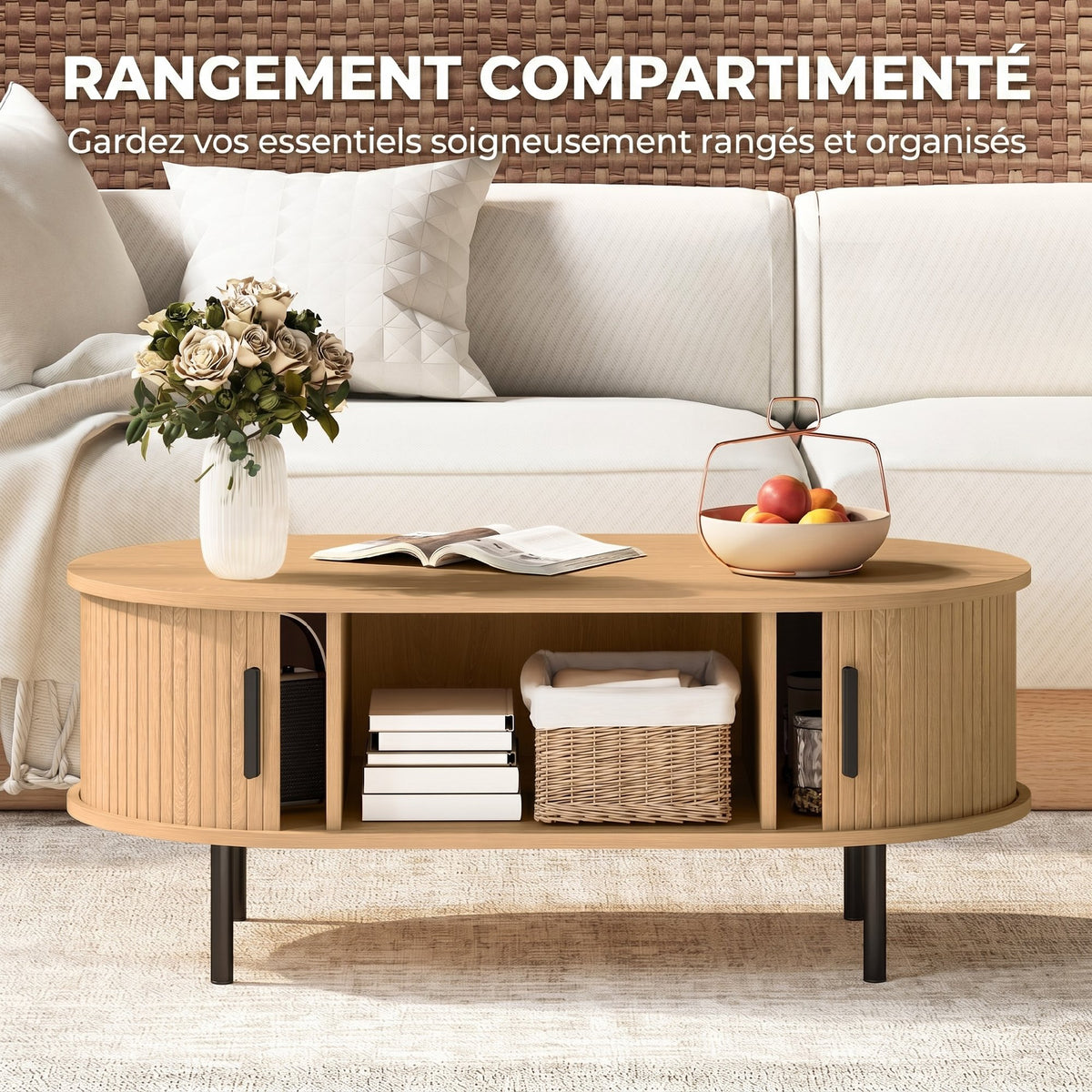 Table basse ovale en bois, portes coulissantes et rangement caché, 100x55x40cm, bois naturel