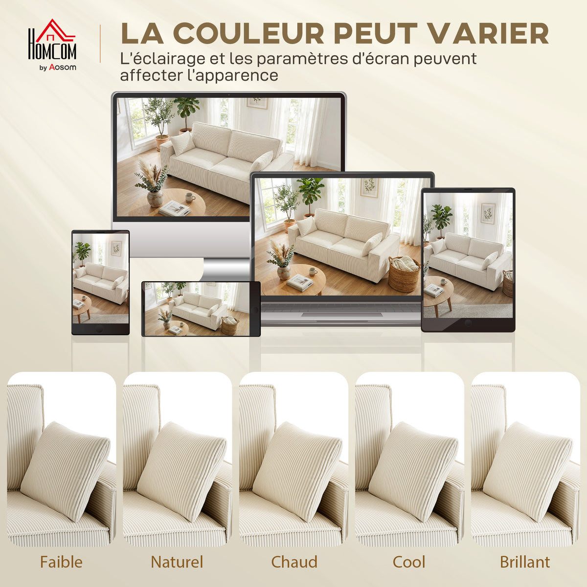 Canapé 3 places en velours 218 cm, coussins à ressorts, 2 coussins, beige