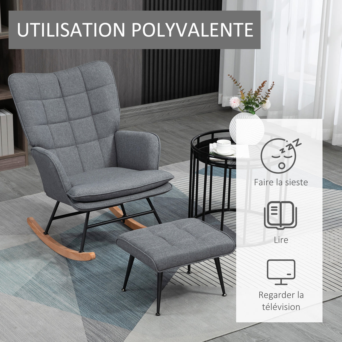 Fauteuil à bascule avec repose-pieds, coussin inclus, 64 x 89 x 90 cm, gris