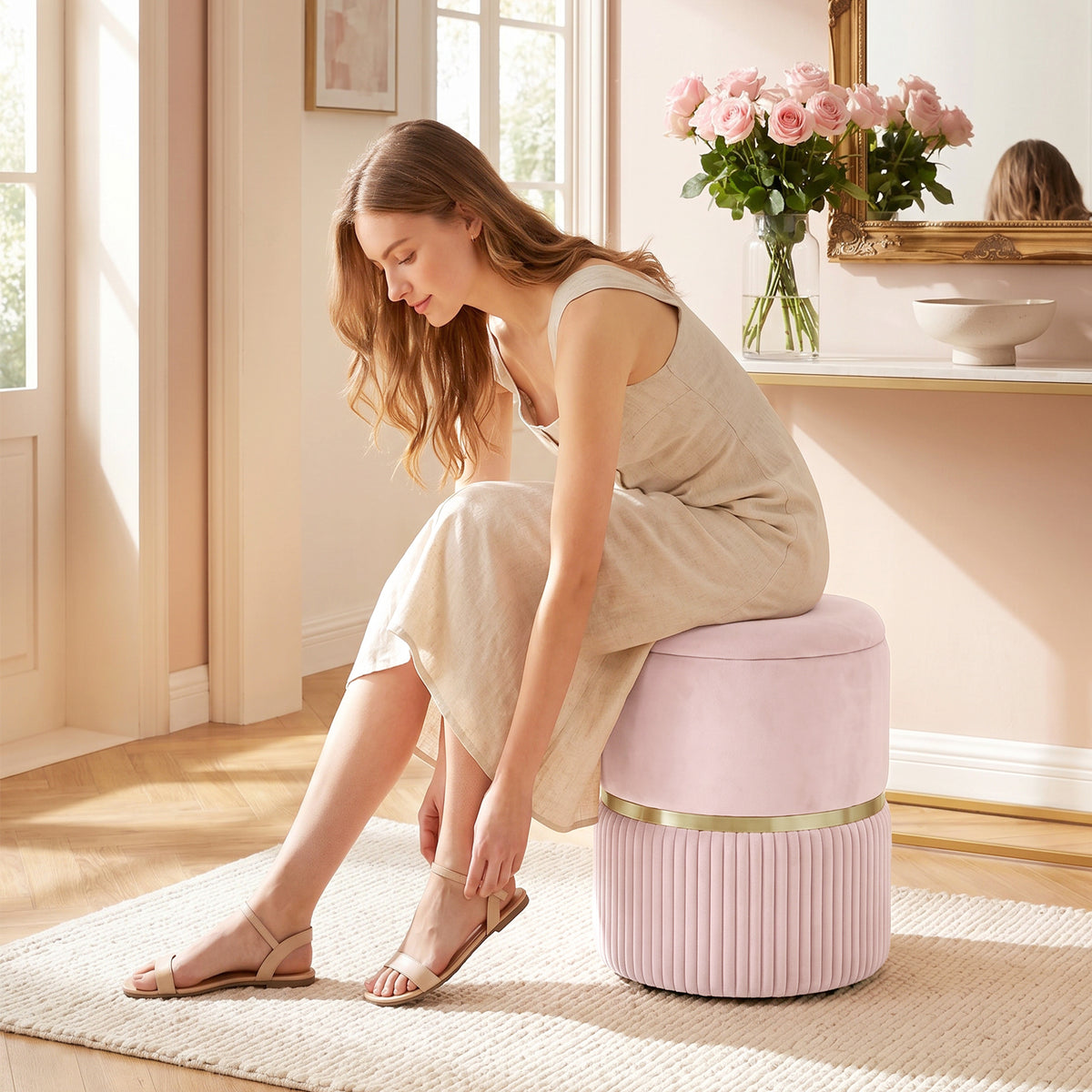 Pouf tabouret repose-pied coffre de rangement en velours 36 x 36 x 44 cm rose