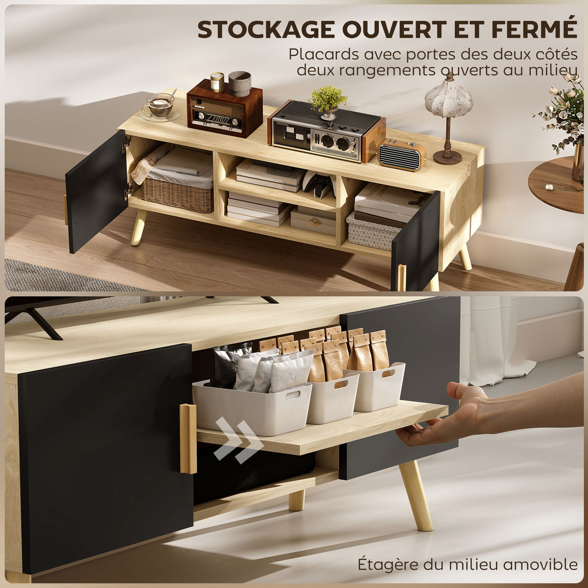 Meuble TV jusqu'à 50 pouces avec étagères, 2 placards et passe-câbles, chêne