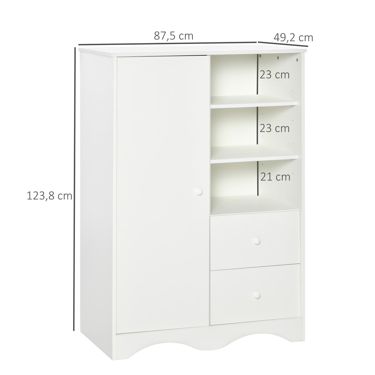 Armoire avec Porte et 5 étagères, 3 niches, 2 tiroirs, blanc