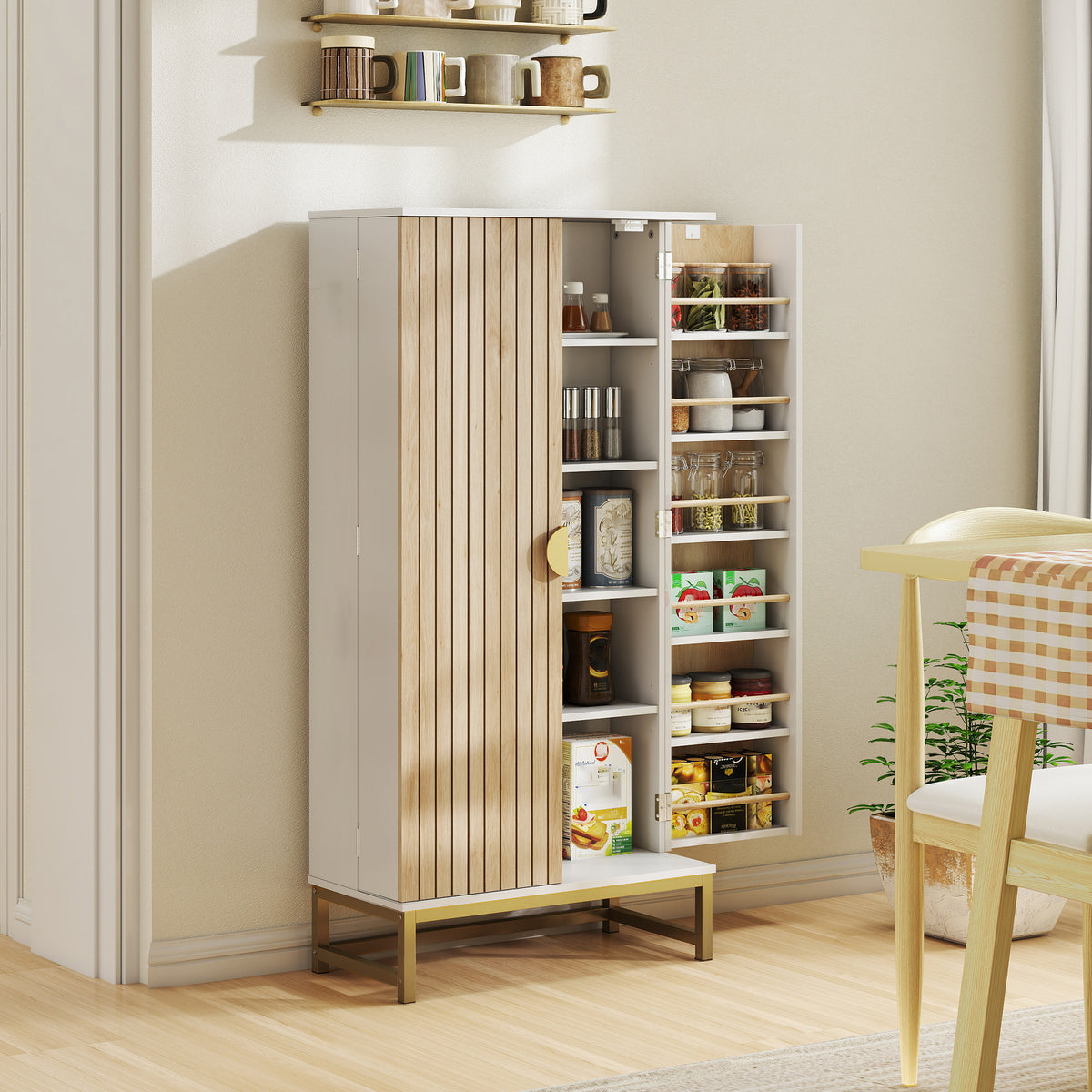 Armoire de cuisine meuble, 12 étagères à portes,58x29x119,5cm, blanc
