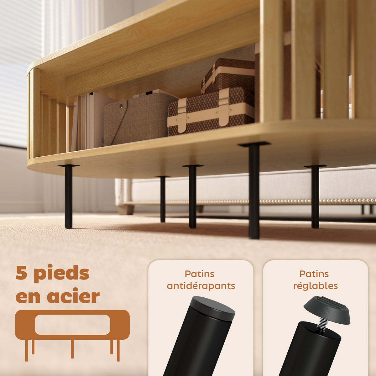 Table basse ovale, design lattes, 100 x 50 x 40 cm, effet bois naturel