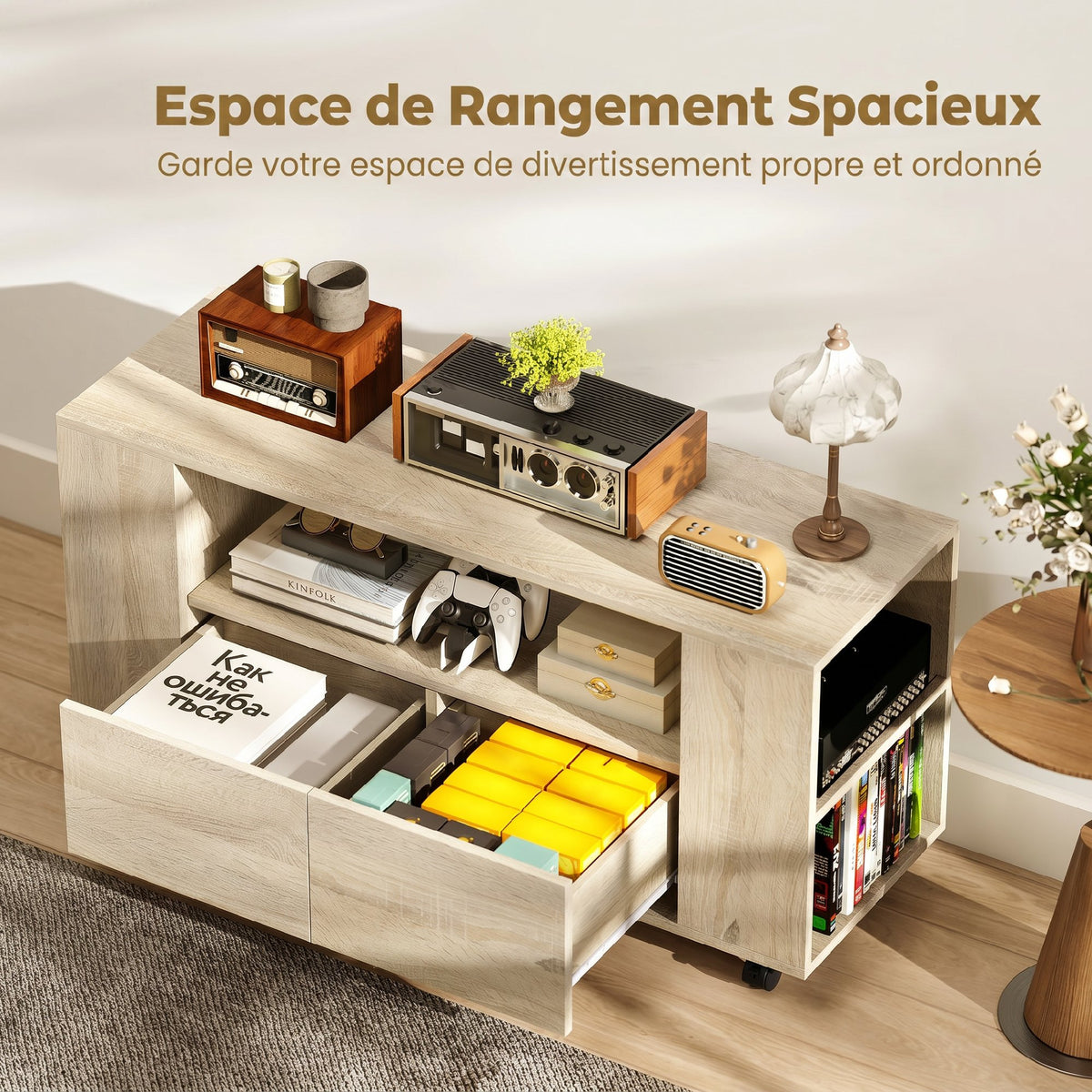 Meuble TV sur roulettes 102 cm, jusqu'à 42 pouces, 2 tiroirsjmπ0O0¨9OPN