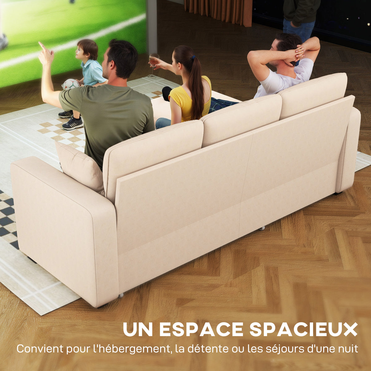 Canapé d'angle convertible en velours, canapé-lit 3 places, coussins, 205x135x76cm, beige