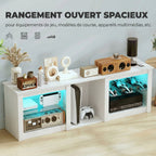 Meuble TV avec éclairage LED jusqu'à 70 pouces, 160cm avec étagères en verre réglables, blanc