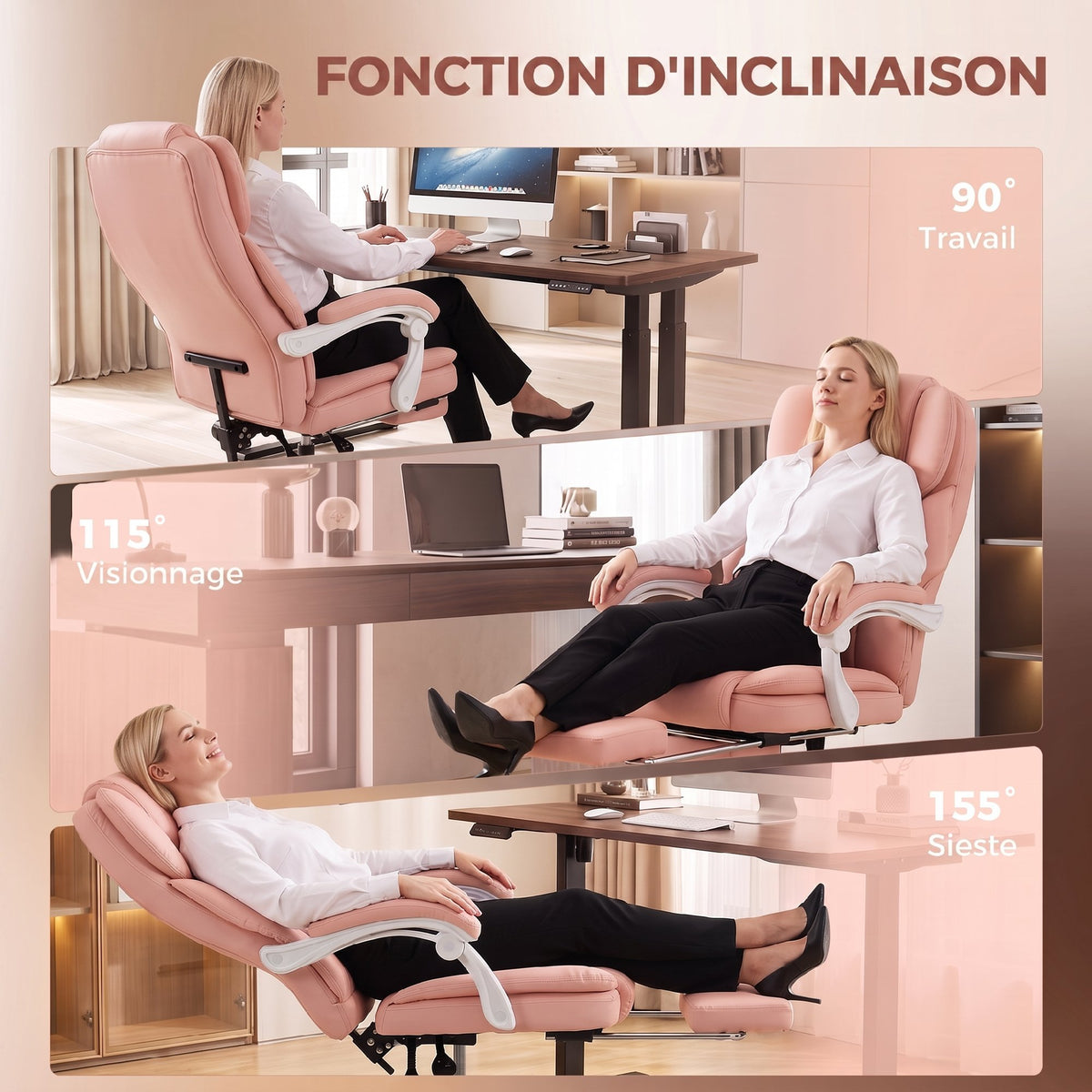 Chaise Bureau Ergonomique, Inclinable, Rose