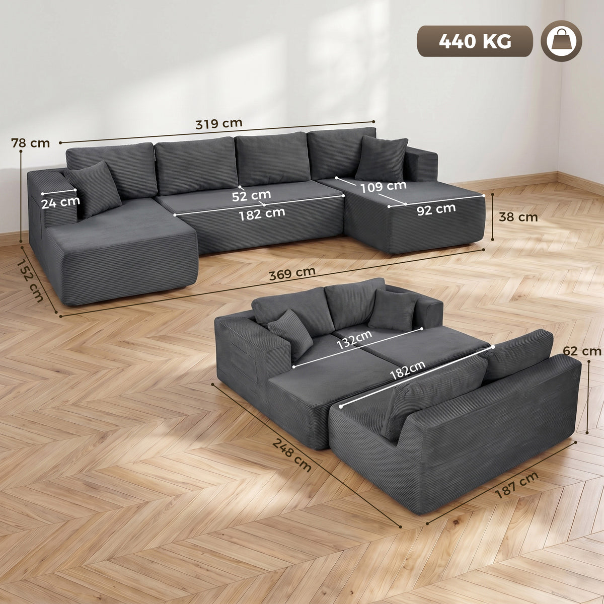 Canapé Modulaire en U 4 Places, 2 Méridiennes, 6 Coussins, 369 x 152 x 78 cm, Gris