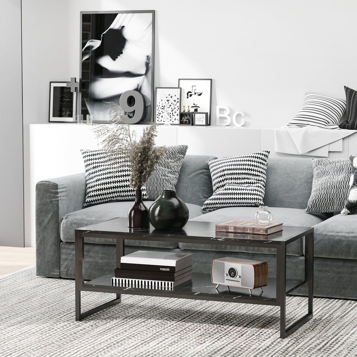 Table Basse avec 2 Étagères 106 x 50 x 47 cm Noir