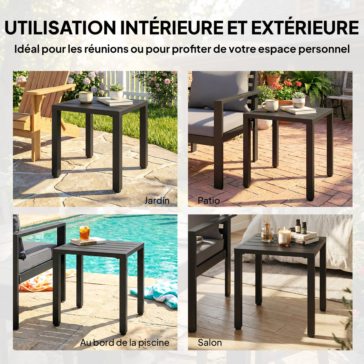 Table de jardin carrée, cadre en métal,noir
