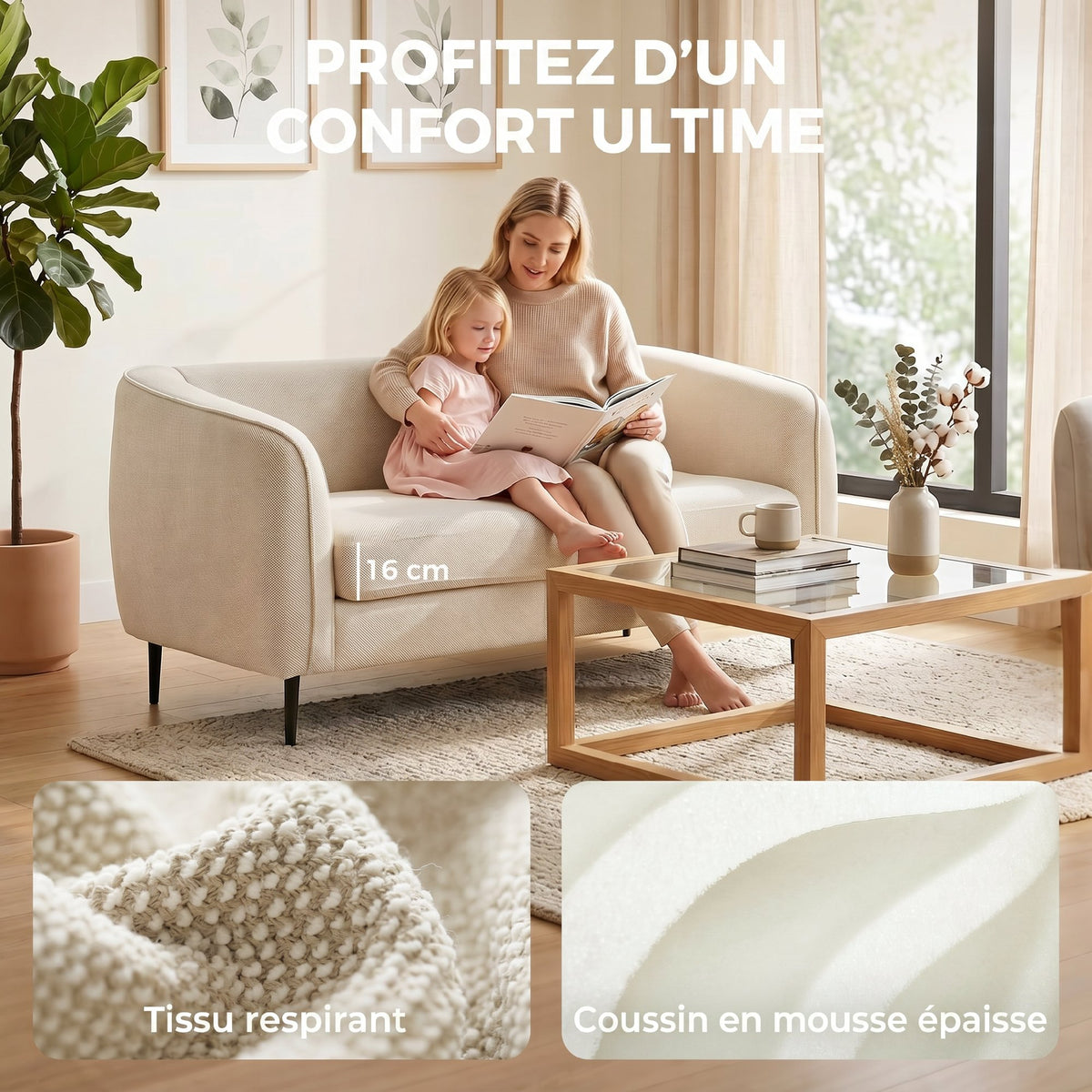 Canapé 2 places en velours, 160 cm, coussin épais à ressorts, beige