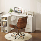 Bureau d'Angle, 3 Tiroirs, 5 Compartiments, Étagères Réglables, 140x100x75cm, Blanc