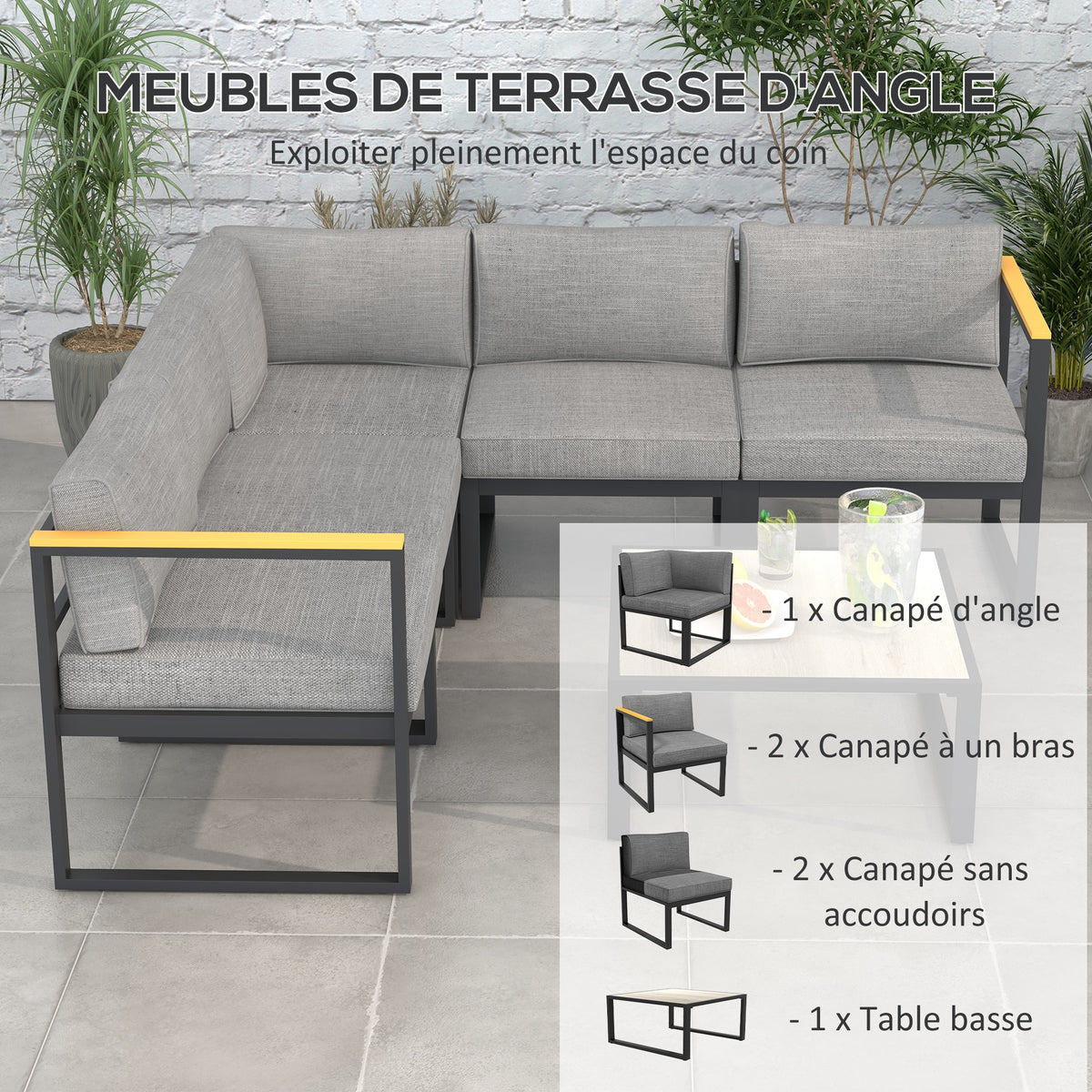 Ensemble Salon de Jardin 6 pièces pour 5 personnes - en aluminium, grand confort