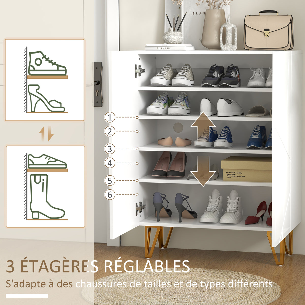 Meuble à chaussures 2 portes, étagères réglables, 72 x 31,5 x 95 cm blanc laqué