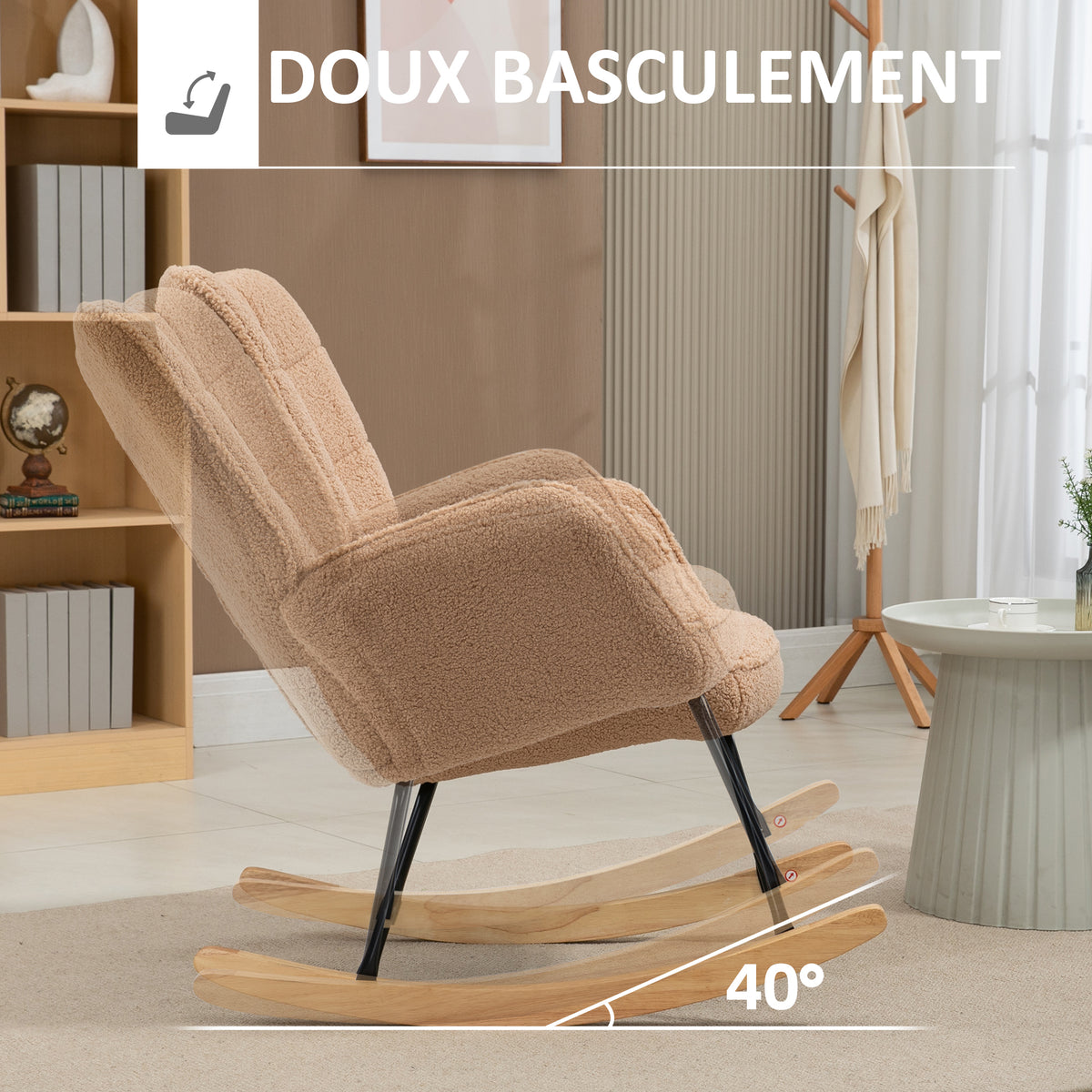 Fauteuil à bascule, effet laine, structure en acier 71 x 98 x 101 cm marron