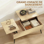 Table basse relevable avec double plateau,compartiment caché et pieds en métal, bois naturel