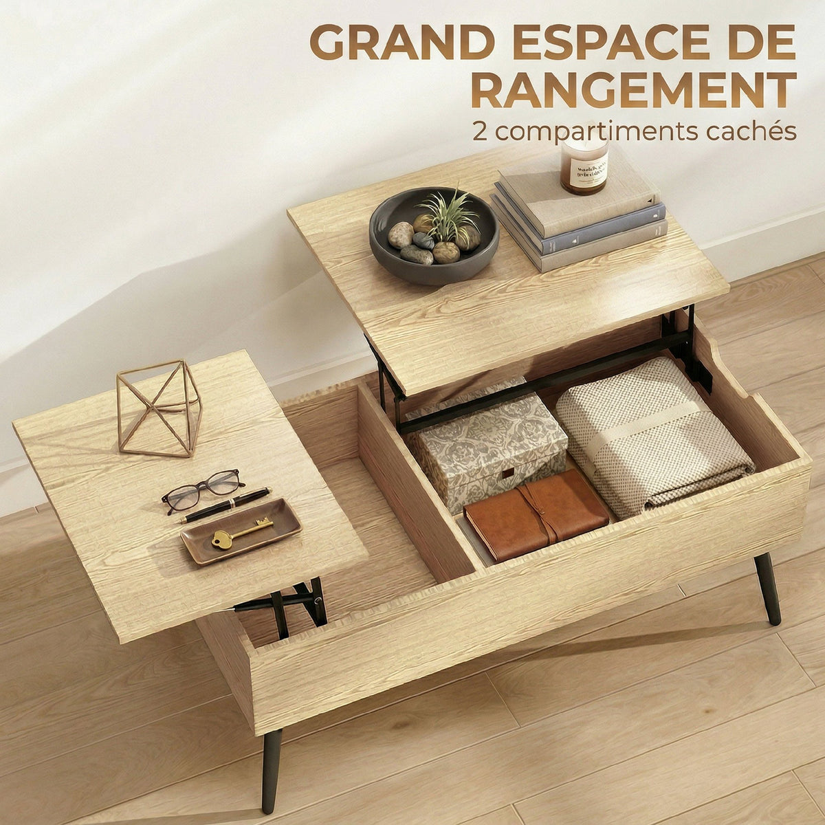 Table basse relevable avec double plateau,compartiment caché et pieds en métal, bois naturel