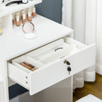 coiffeuse avec tabouret, grand miroir, étagères ouvertes, 4 tiroirs blanc