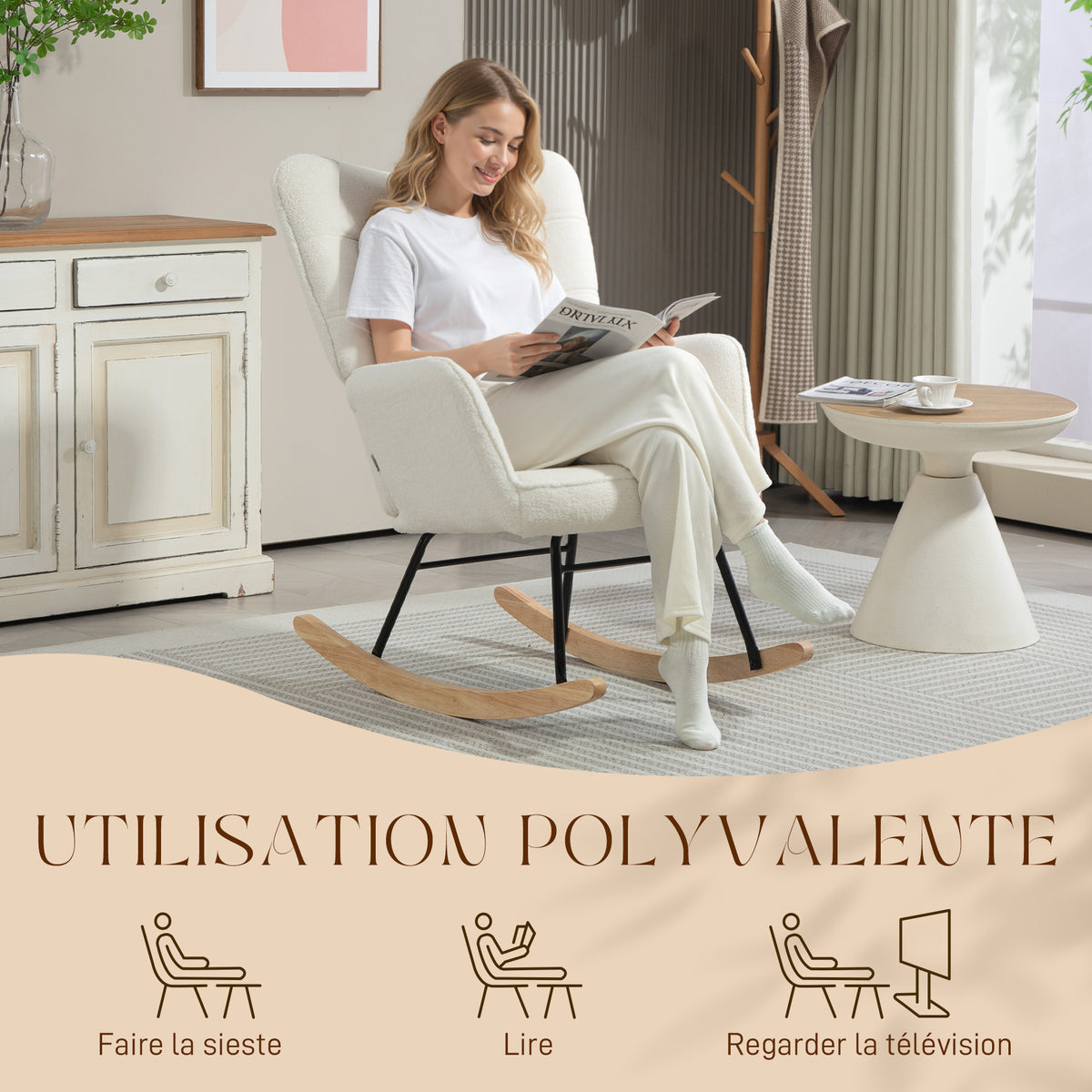 Fauteuil à bascule, effet laine, structure en acier 71 x 98 x 101 cm blanc