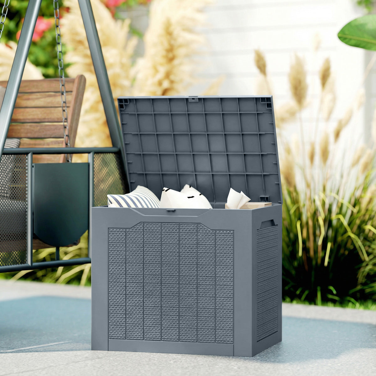 Coffre de Rangement Extérieur 97L avec Poignées Encastrées, 56x41x50cm, Gris Clair