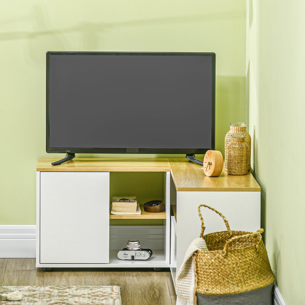 Meuble TV d'angle, jusqu'à 40 pouces avec rangements aspect bois clair et blanc