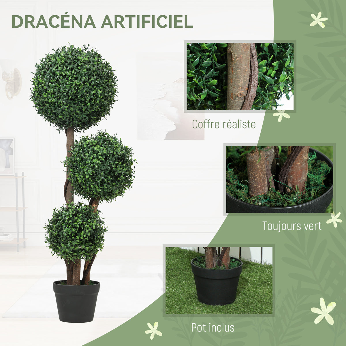 Plante Artificielle 100 cm, 3 Boules de Buis, Pot, Vert