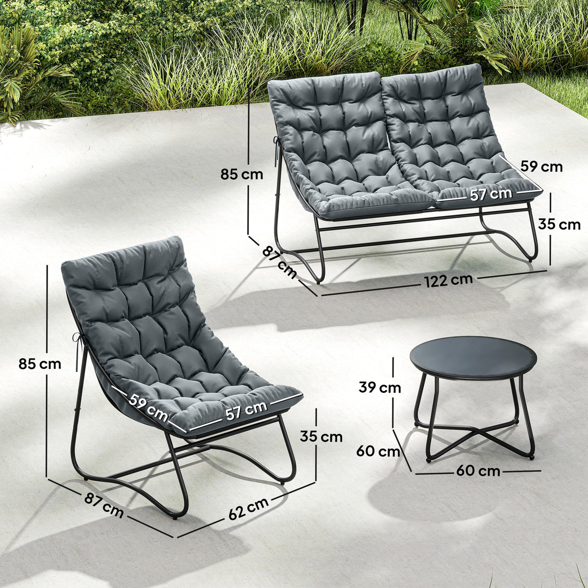 Salon de Jardin 4 Pièces avec Coussins Épais 8cm, en Acier, Gris