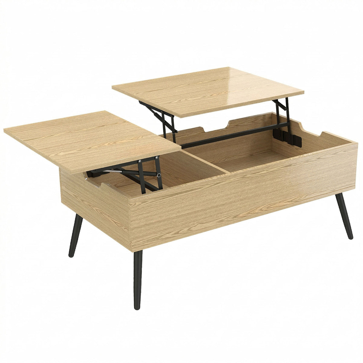 Table basse relevable avec double plateau,compartiment caché et pieds en métal, bois naturel