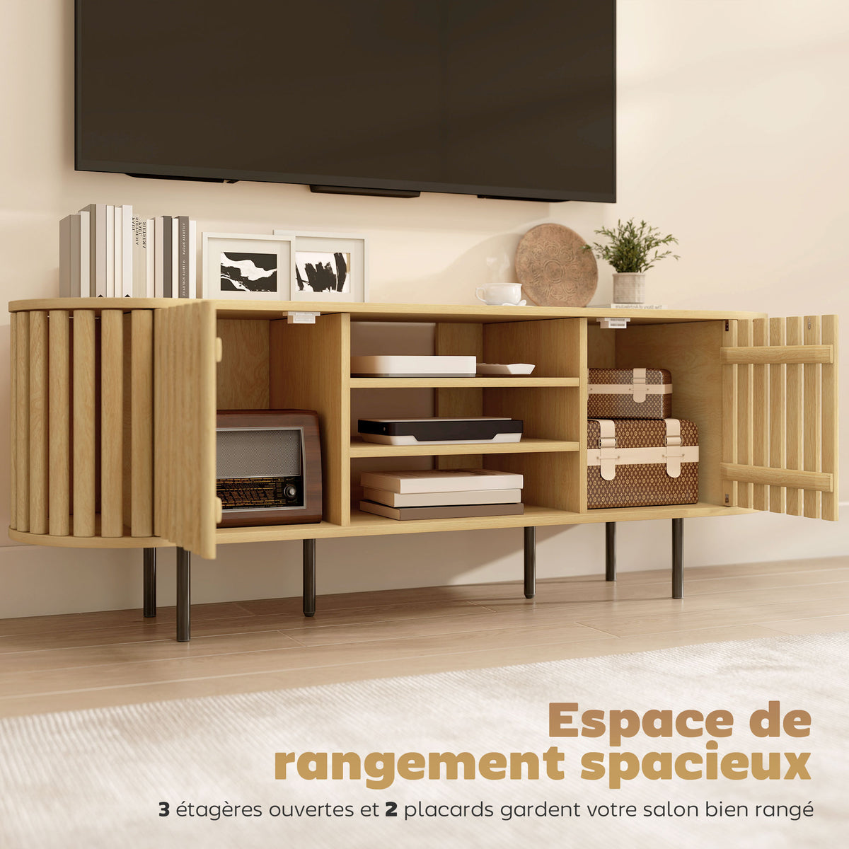 Meuble TV, 60 pouces, 2 portes à lattes, 140x40x52cm, bois naturel