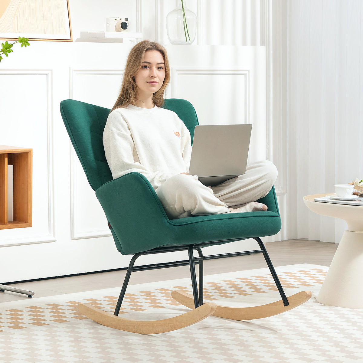 Fauteuil à bascule, en velours structure en acier 71 x 98 x 101 cm Vert
