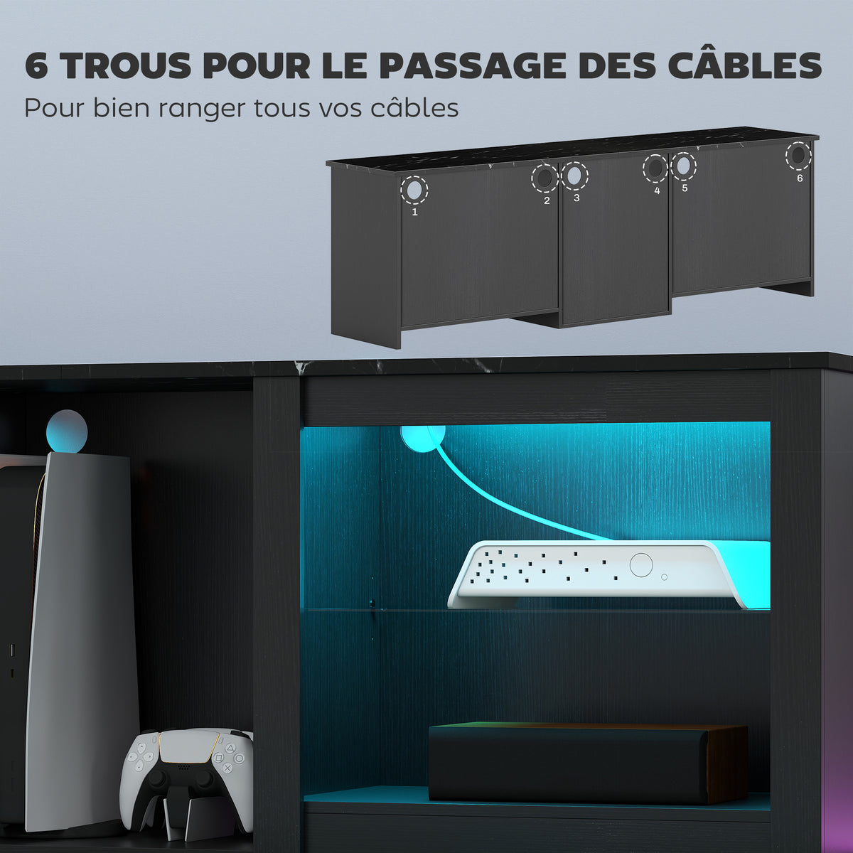 Meuble TV avec éclairage LED jusqu'à 70 pouces, 160cm avec étagères en verre réglables, noir