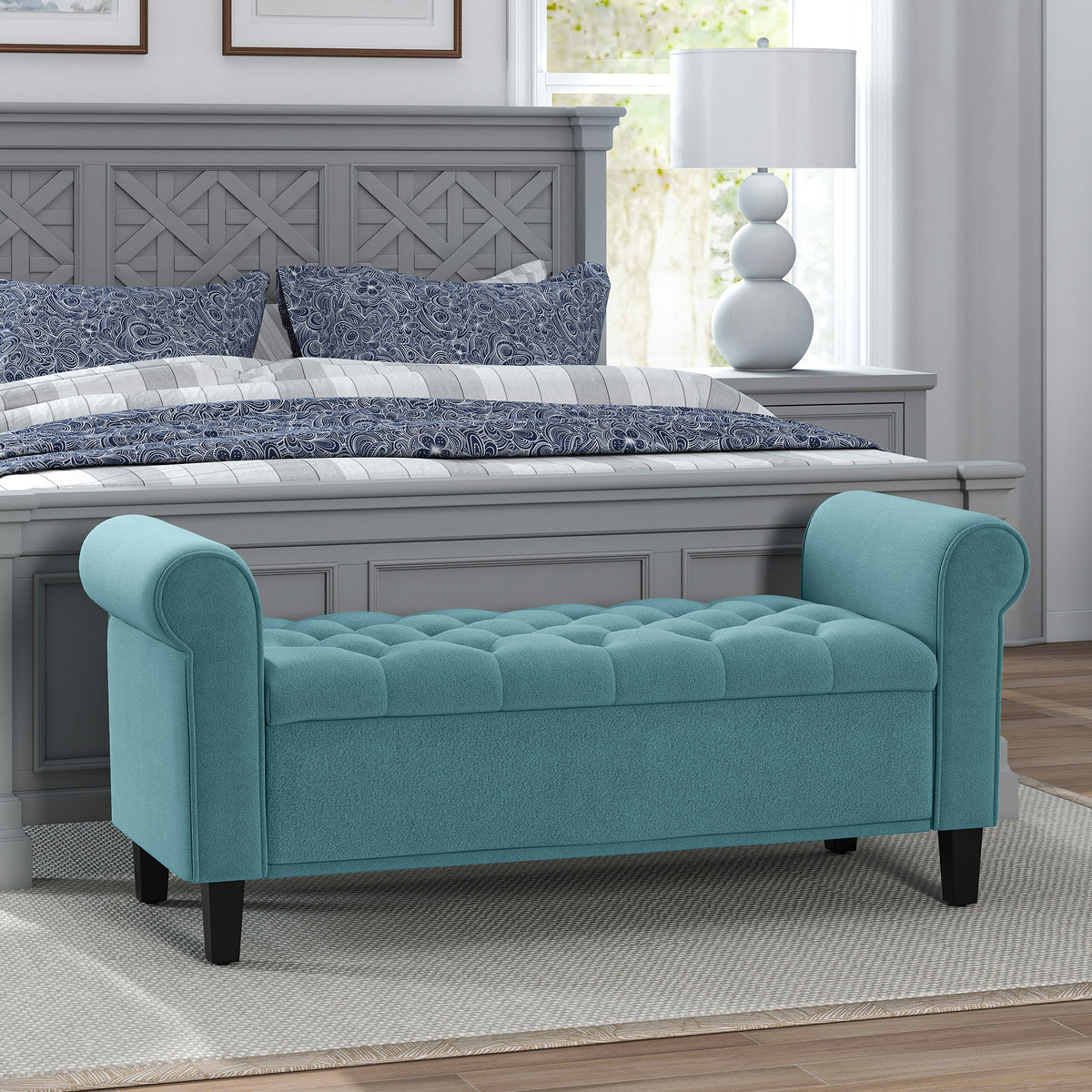 Banc de rangement bout de lit avec accoudoirs, tissu velours rembourré, 126 x 48,5 x 57 cm, vert