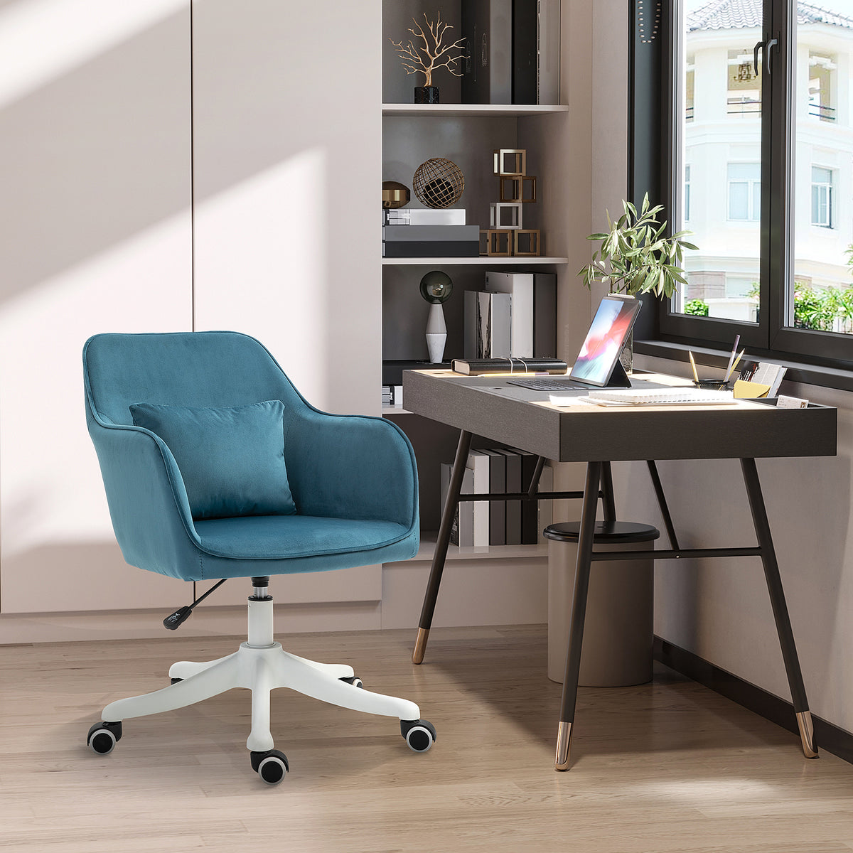Chaise de bureau velours, massante, pivotante 360° bleu
