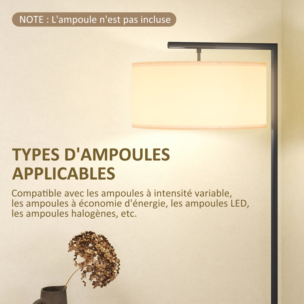 Lampadaire / lampe à pied abat-jour en tissu de lin 47 x 37 x 153 cm noir et blanc