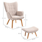 Fauteuil avec repose pied, pieds en bois et tissu aspect velours