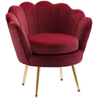 Fauteuil en velours, forme coquillage avec pieds en métal doré, rouge